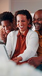 Family, pointing and laughing with tablet in lounge, connection and bonding with parents on weekend. African people, flare and happy with kid, technology and streaming funny movies on web in house