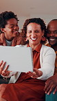 Smile, selfie and African family in home with tablet, parents and children in lounge for fun memory. Happy, capture moment and playful picture for social media, mom and dad with kids bonding in house