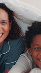 Hug, face and mom with child with blanket for bonding, loving relationship and wake up in morning. Family, happy and portrait of boy with mother, duvet and relax for comfort, rest and weekend in bed