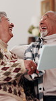 Senior couple, laugh and tablet on sofa for smile, streaming or subscription in living room. Elderly man, old woman and comedy movie in house together for retirement, bonding and love with tech