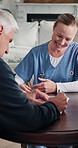 Documents, healthcare and signature of old couple with nurse for insurance or sign up. Approval, clipboard and paperwork with caregiver speaking to senior people for advice or medical consulting