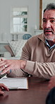 Meeting, couple or property agent in house with tablet, price evaluation or mortgage info on online site. Brief, mature man or broker with tech, digital home valuation or loan options in consultation