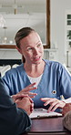 Consulting, documents and nurse speaking to old couple for information, insurance or sign up. Clipboard, healthcare and papers with caregiver talking to senior people for advice or medical feedback