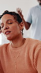 Woman, upset and marriage problem in home with disagreement, argument or frustrated partner. Angry person, man talking or fighting in toxic relationship, stress and dispute and conflict in house