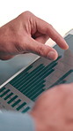 Balcony, chart and hands of businessman on tablet for financial report, profit growth and statistics. Outdoor, online and worker on tech, screen and graph for research, finance review or investment
