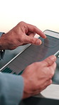 Balcony, hands and business man on tablet for financial report, profit growth and sales statistics. Outdoor, scroll and worker on tech, screen and chart for research, finance review or investment