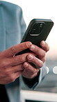 Employee, texting and hands with phone in city, online or communication with contact on social media. Outdoor, chat and business person with mobile, internet connection and networking with technology