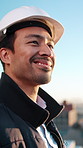 Thinking, helmet and man outdoor for construction, property development and urban planning. Architecture, civil engineer and person with reflection for building project, expansion or progress in city