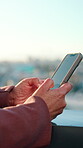 Employee, texting and hands with phone screen in city, online and communication with contact on app. Outdoor, space and business person with mobile, internet connection and networking with technology