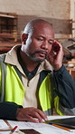 Stress, carpenter or black man by laptop in workshop with brain fog, burnout or bankruptcy. Tired, tech or engineer person with manufacturing mistake at factory with headache, blueprint and fatigue