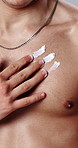 Man, hands or cream with chest for skincare, morning routine or grooming for smooth moisturizer. Male person, lotion or applying cosmetic with anti aging product for dermatology, hygiene or soft skin