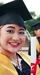 Face, student and asian woman with smile for graduation certificate, qualification or degree. Portrait, female person or happy graduate with diploma for academic achievement, celebration or milestone