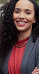 Crossed arms, smile and face of businesswoman in city with confidence for finance career outdoor. Happy, professional and portrait of financial manager with pride for corporate about us in town.