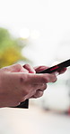 Phone, hands and business person outdoor for online communication, real estate listing or text. Mobile, internet and agent typing with app for property development, networking or rental feedback