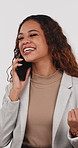Business, success and woman in studio with phone call, deal closed or good news in chat. Excited, celebration and realtor with tech, investment opportunity or positive feedback on white background