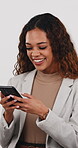 Phone, typing and business woman in studio for social network, funny chat and mobile contact. Happy worker, laugh and digital tech for reading news, app or media information on white background