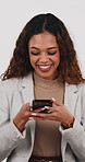 Phone, laugh and business woman in studio for social network, funny chat and mobile contact. Happy worker, typing and digital tech for reading news, app or media information on white background