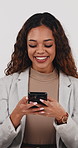 Phone, smile and business woman in studio for social network, funny chat and mobile contact. Happy worker, typing and digital tech for reading news, app or media information on white background