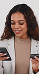 Credit card, phone and business woman in studio with online shopping, ecommerce or subscription. Payment, debit and happy person with digital tech for company order or website on white background