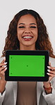 Green screen, face and tablet with woman in studio for business advertising, marketing or laugh. Brand awareness, digital tech and promotion with happy employee on white background for app campaign