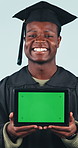 Green screen, tablet and face of black man with graduation in studio for university marketing. Happy, digital technology and portrait of student with mockup space for advertising on white background.