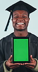 Green screen, graduate and face of black man with tablet in studio for university marketing. Happy, digital technology and portrait of student with mockup space for advertising on white background.