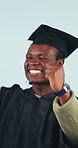Success, college or black man with diploma, graduate goal or excited in academic achievement. Happy, yes or university student with fist pump, celebration or education milestone on studio background.