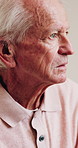 Serious, thinking and relax in bedroom with old man, vision and calm morning for daydreaming. Thoughts, senior person and rest at house with vision, reflection and nostalgia memory at retirement home