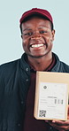 Box, face and smile of black man in studio for delivery or distribution or priority mail. Ecommerce, package and service with happy courier on white background for logistics, sales or shipping