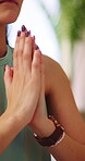 Yoga, prayer hands or woman in home with meditation, calm practice or mindfulness in wellness hobby. Inner peace, mudra or person in house with namaste, zen or mindset improvement for holistic health