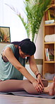 Woman, stretching and balance in house, yoga and physical activity to improve posture and endurance. Fitness, home and healthy person on mat, self care and warm up routine for wellness in apartment