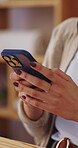 Remote work, phone or hands in home with texting, internet research or conversation on online app. Typing, woman or freelancer with space, web search or digital communication on chatting platform.