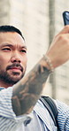 Picture, city and asian man with phone for sightseeing view, memory or capture moment. Male person, tourist or mobile smartphone with app for photography, connection or social media in an urban town