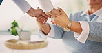 Caregiver, trust and holding hands with senior woman in nursing home, comfort and healthcare service. Assisted living, nurse and empathy for elderly person, care and compassion with gesture in house
