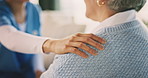 Hand, comfort and nurse with senior woman in nursing home, elderly care and healthcare with support. Assisted living, caregiver and empathy for old person, trust and compassion with gesture in house
