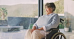 Thinking, wheelchair and senior woman in home with smile, contemplating and nostalgia. Retirement, reflection and old person with disability in house with view, calm mindset and space by window