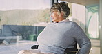 Thinking, wheelchair and old woman in home with mobility, contemplating and nostalgia. Retirement, reflection and senior person with disability in house with view, calm mindset and space by window