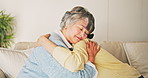 Senior mother, hug and bonding with woman in lounge, support and reunion with daughter in apartment. Family, connection and happy for visit in home, affection and embrace with elderly person on couch