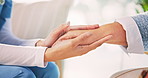 Nurse, care and holding hands with senior woman in nursing home, comfort or healthcare with support. Assisted living, caregiver and empathy for elderly person, trust and help with gesture in house