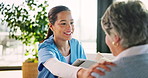 Nurse, tablet and talking to senior patient in nursing home with kindness, smile and hand on shoulder. Technology, caregiver and old woman on couch with positive results, online app and empathy