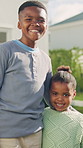 Face, children and siblings outdoor by new home with smile, love and bonding together for relocation. Happy, black girl and boy in front yard with family moving house, property purchase and growth.