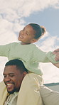 Happy, outdoor and child on shoulders of father for playing, bonding and connection on holiday. Smile, backyard and African dad carrying girl kid for family, care and safety in nature on vacation.