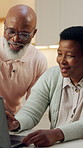 Laptop, conversation and black couple in home with planning for finance savings or payment. Technology, happy and mature man with woman on computer for internet banking with investment funds in house