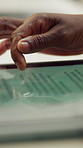 Tablet screen, scrolling and hands of woman in home with reading ebook, blog or newsletter. Digital technology, research and person with article information on app, website or internet in apartment.