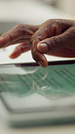 Tablet screen, scrolling and hands of woman in house with reading ebook, blog or newsletter. Digital technology, research and person with article information on app, website or internet in apartment.