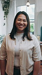 Face, hairdresser or asian woman with smile in salon for haircare service, grooming or startup. Portrait, stylist or female person with smile or pride for styling or small business in beauty parlor