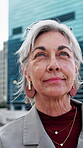Thinking, insight or businesswoman in city with wind, fresh air or mindfulness in commute. Daydream, mindset or mature employee with reflection, inspiration or positive perspective in urban travel.
