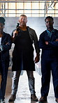 Construction, face or team on site with hammer, contractors or about us as demolition crew. People, workforce or engineers with arms crossed, wrecking workers or confidence in industrial industry.