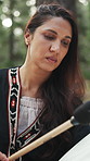Woman, drum and sound in nature for healing, homeopath ritual and holistic practice for naturopath. Healer, mallet and instrument for music, traditional remedy and indigenous performance for wellness
