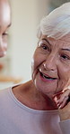 Bonding, daughter or old woman in house with chat, happy moment or conversation in lounge. Smile, hangout or senior mother with communication, reunion gossip or family connection in retirement.